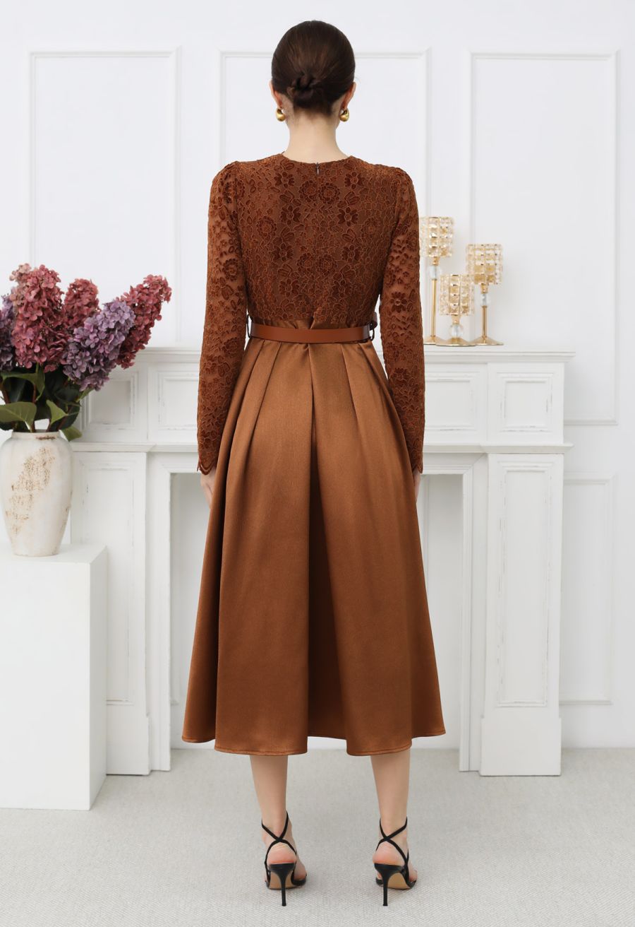 Velvet Floral Lace Spliced Belted Sheen Midi Dress in Caramel