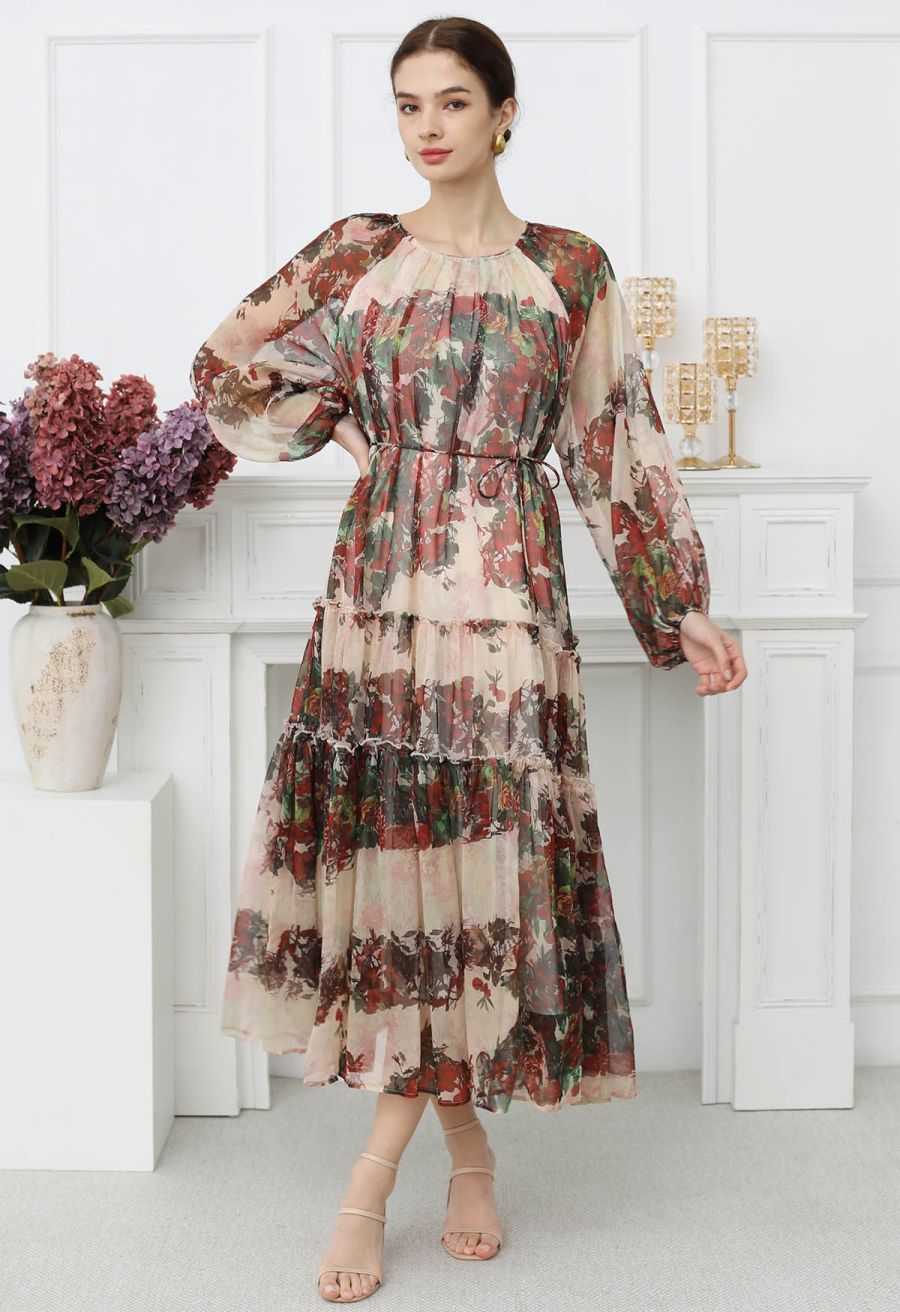 Crimson Bloom Puff Sleeve Ruffle Chiffon Maxi Dress