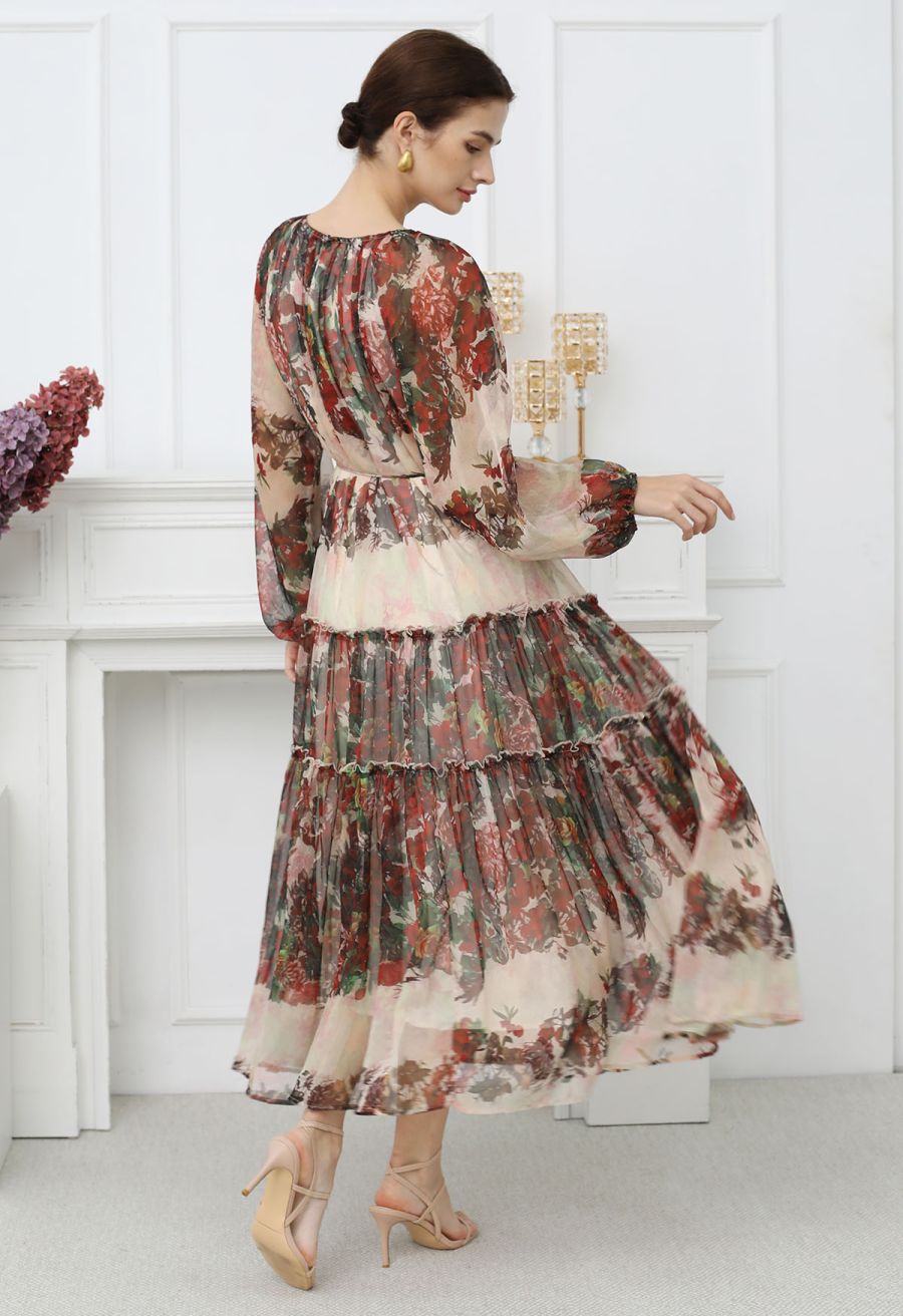 Crimson Bloom Puff Sleeve Ruffle Chiffon Maxi Dress