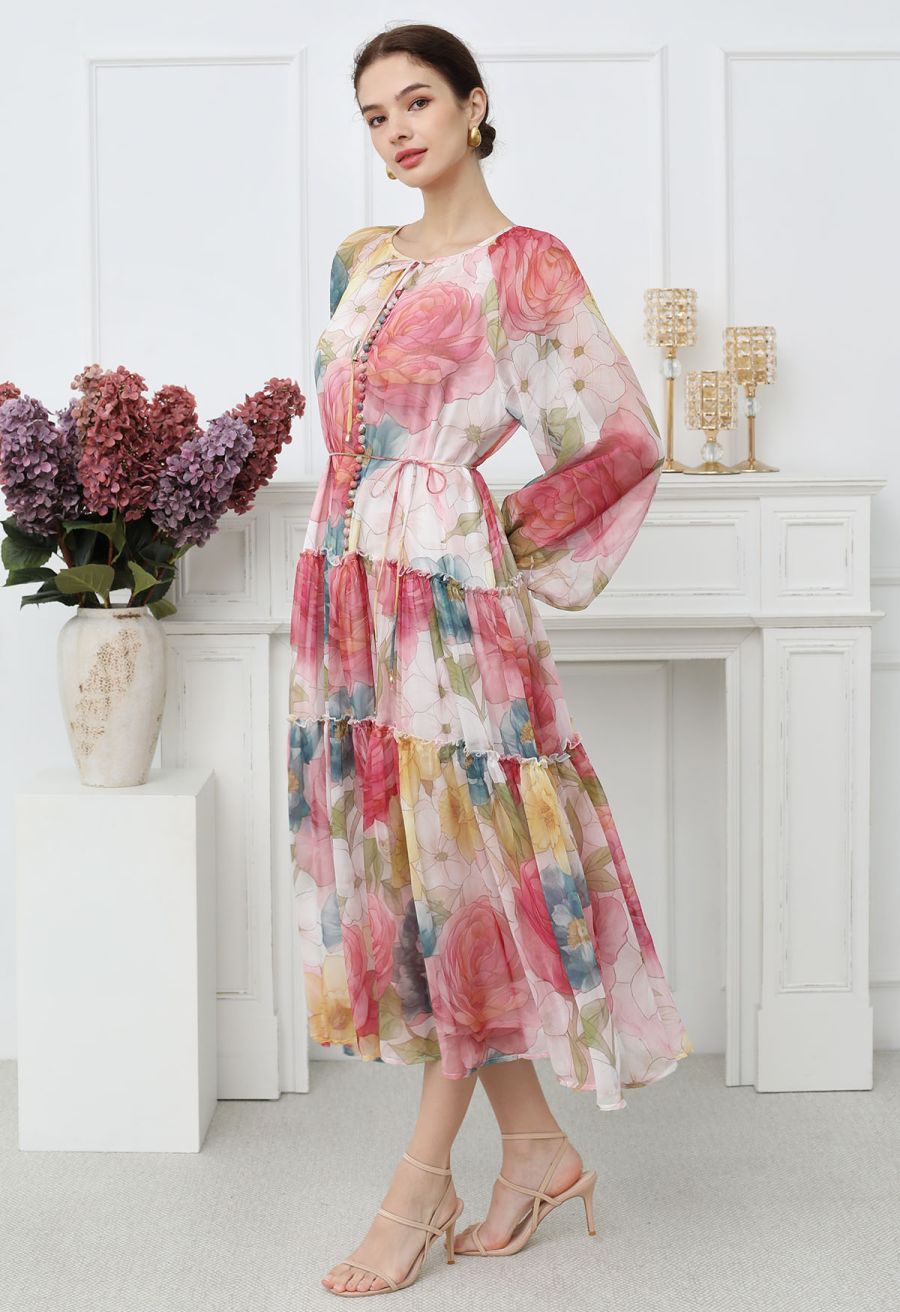 Floral Drift Button Down Ruffle Chiffon Maxi Dress