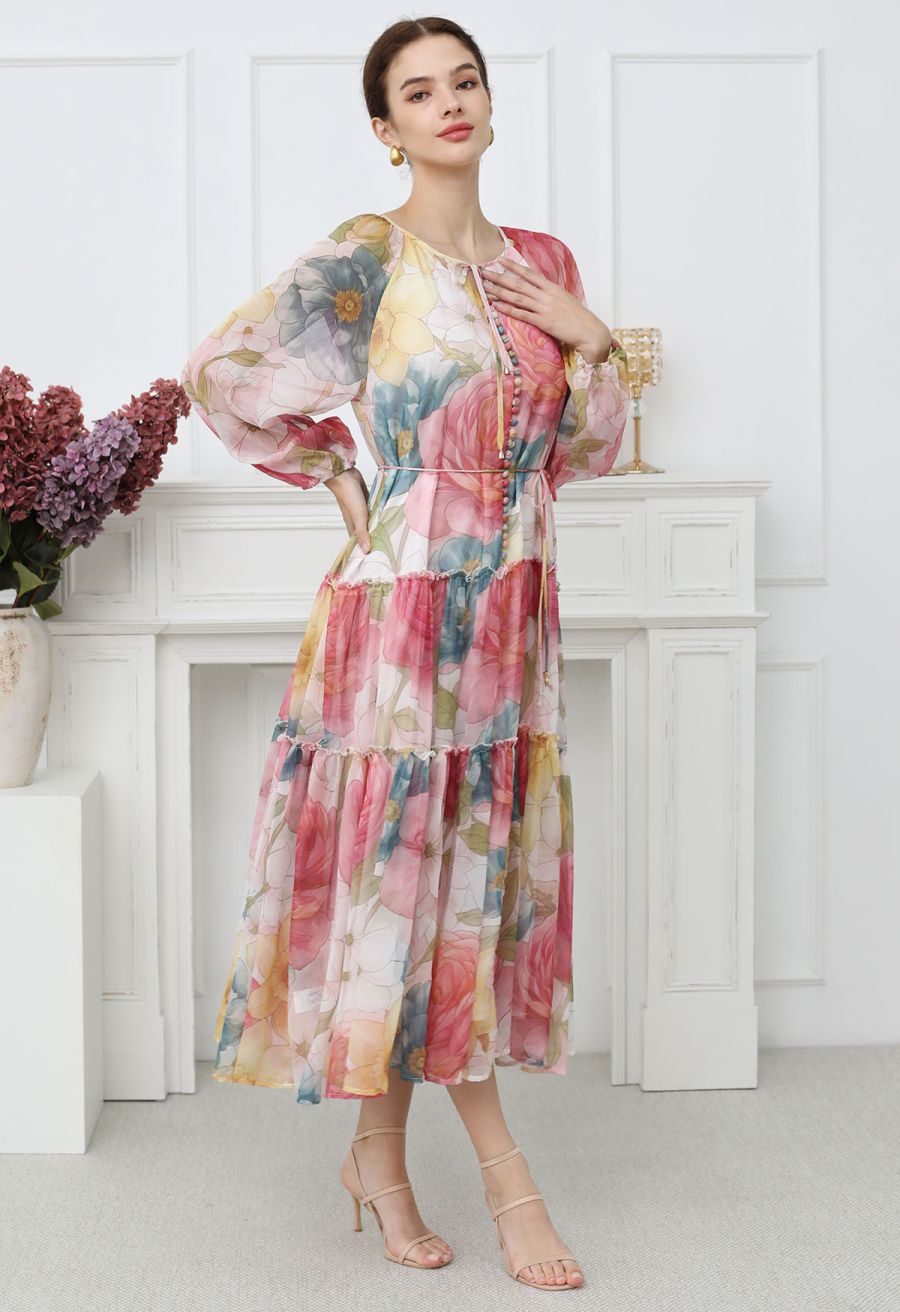 Floral Drift Button Down Ruffle Chiffon Maxi Dress
