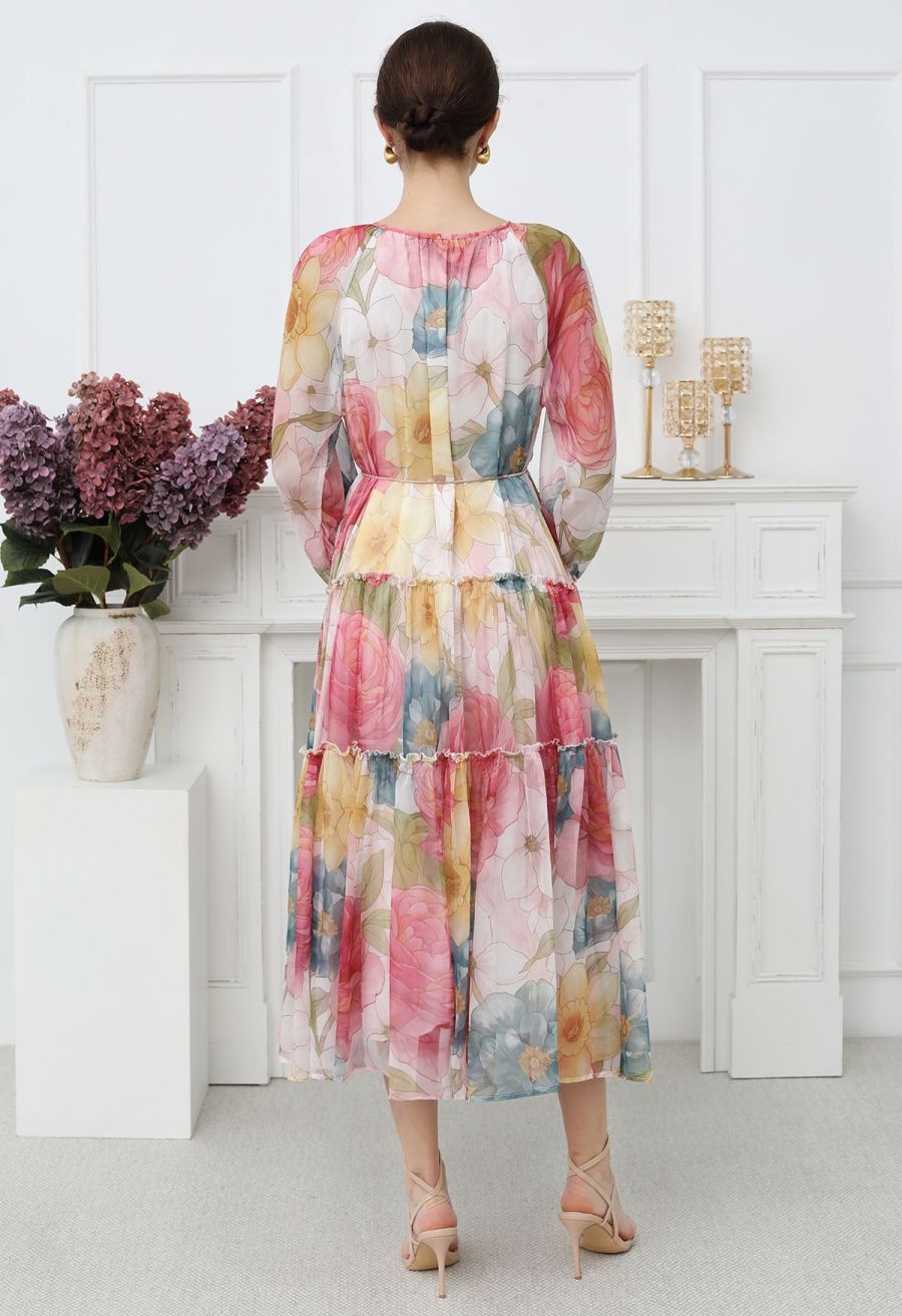 Floral Drift Button Down Ruffle Chiffon Maxi Dress