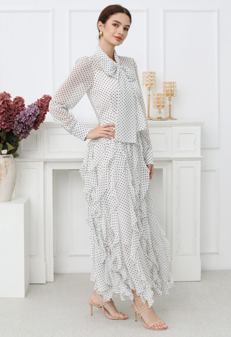 Cascade Ruffle Polka Dot Bowknot Chiffon Maxi Dress in White