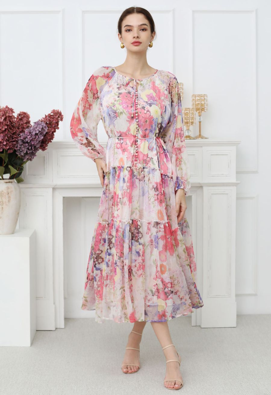 Whisper Garden Button Down Ruffle Chiffon Maxi Dress