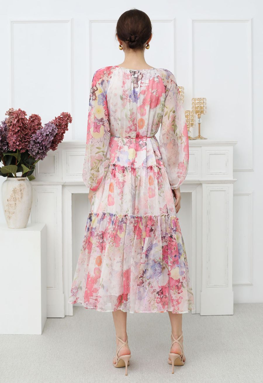 Whisper Garden Button Down Ruffle Chiffon Maxi Dress