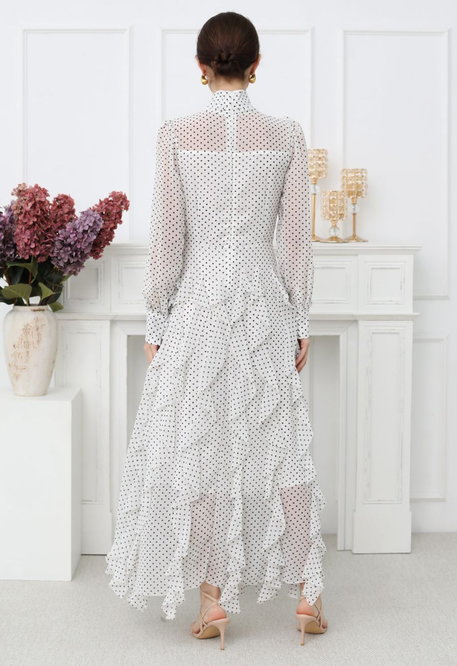 Cascade Ruffle Polka Dot Bowknot Chiffon Maxi Dress in White