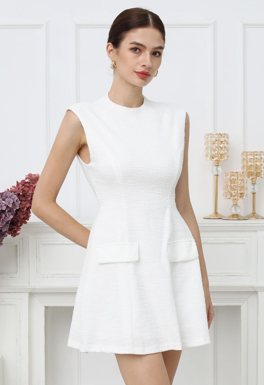 Open Back Sleeveless Tweed Mini Dress in White