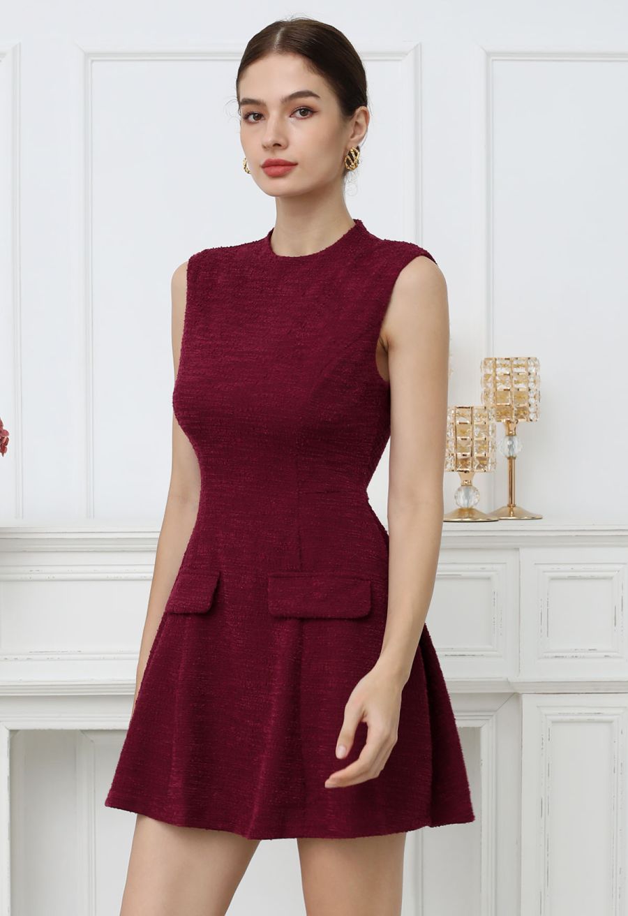 Open Back Sleeveless Tweed Mini Dress in Burgundy