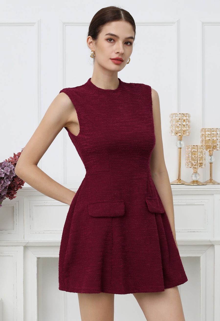 Open Back Sleeveless Tweed Mini Dress in Burgundy
