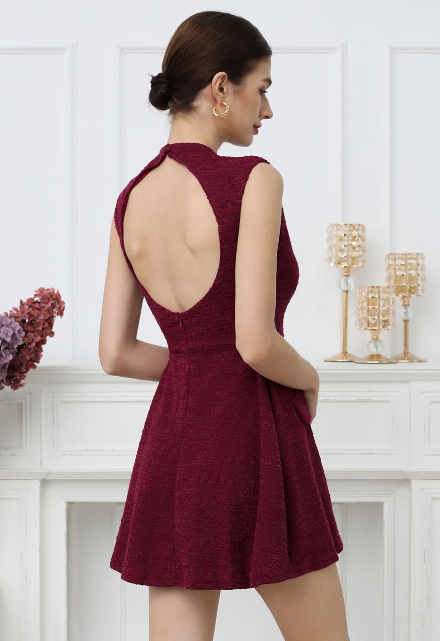 Open Back Sleeveless Tweed Mini Dress in Burgundy