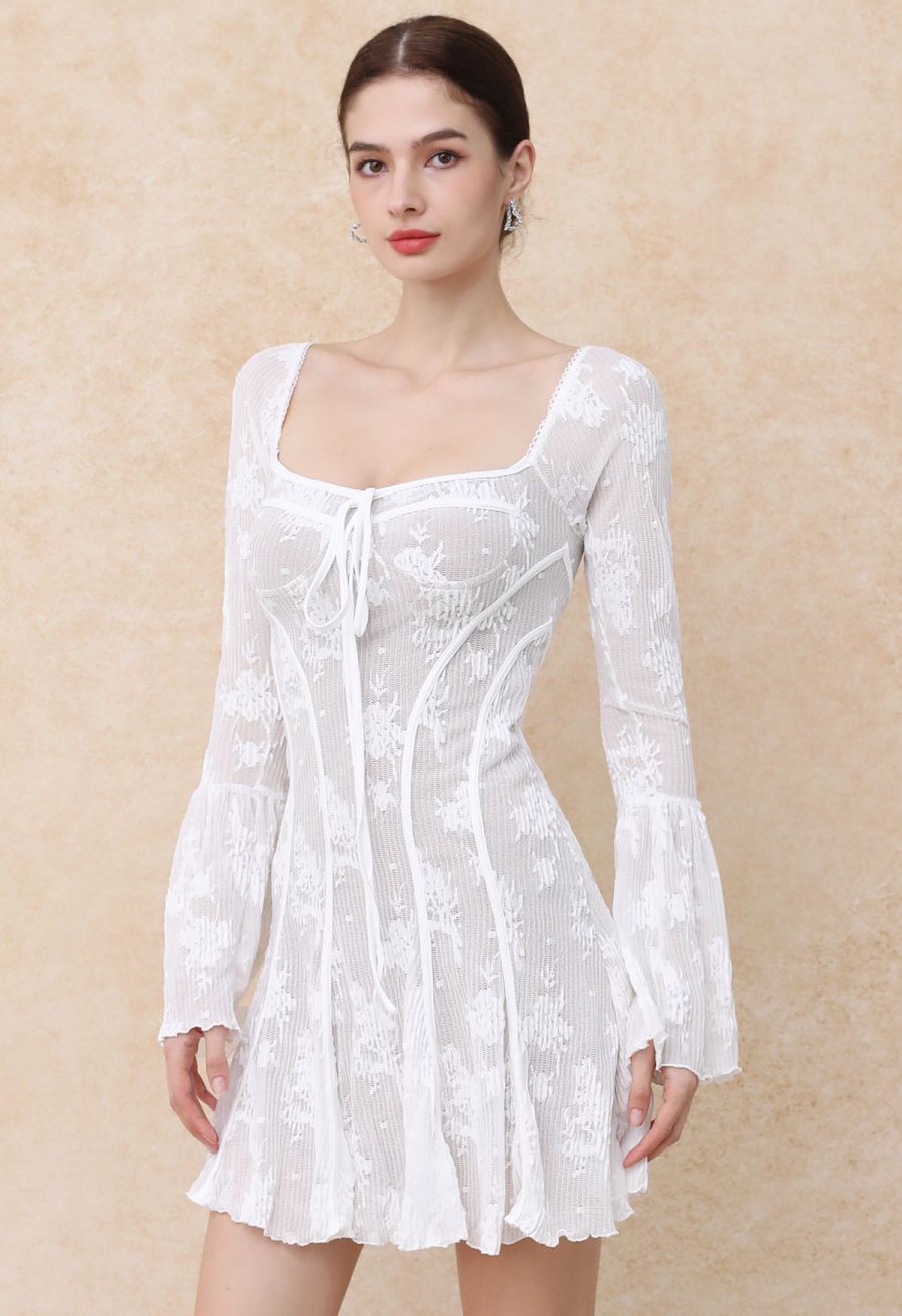 Square Neck Floral Binding Trimmed Mini Dress in White