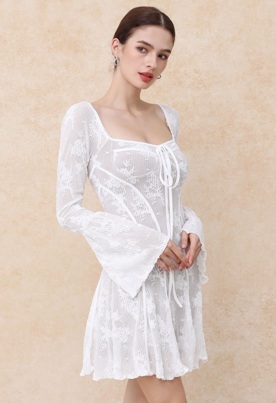 Square Neck Floral Binding Trimmed Mini Dress in White