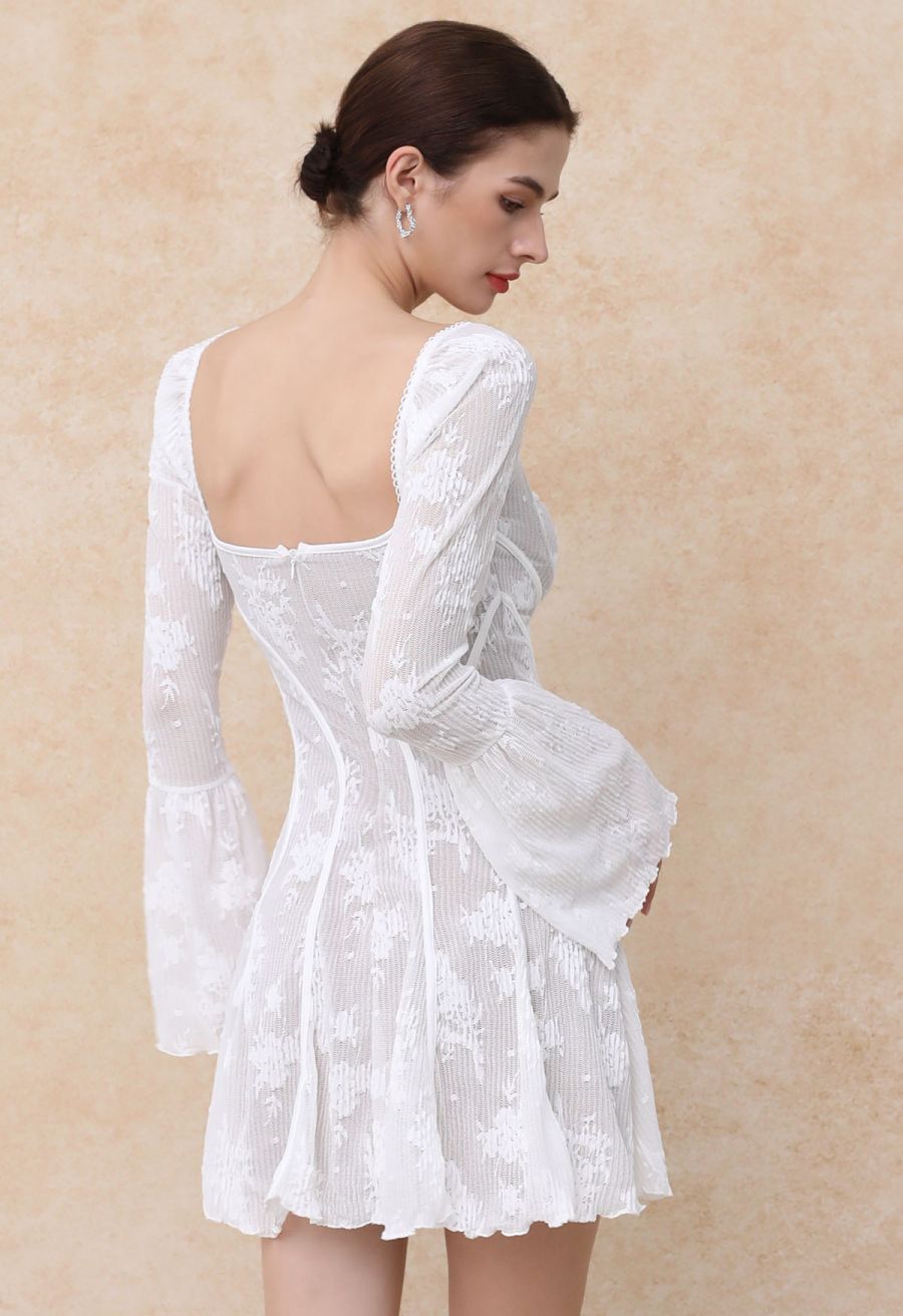 Square Neck Floral Binding Trimmed Mini Dress in White