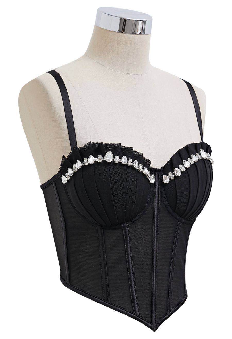 Pear-Shaped Rhinestone Pleated Mesh Bra Top in Black