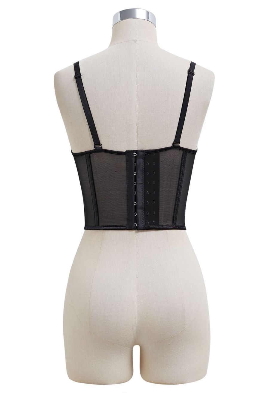 Pear-Shaped Rhinestone Pleated Mesh Bra Top in Black