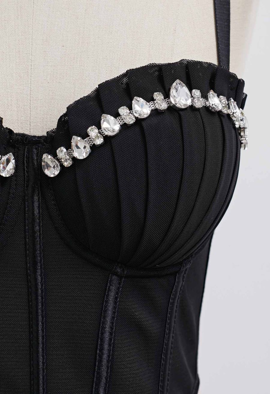Pear-Shaped Rhinestone Pleated Mesh Bra Top in Black