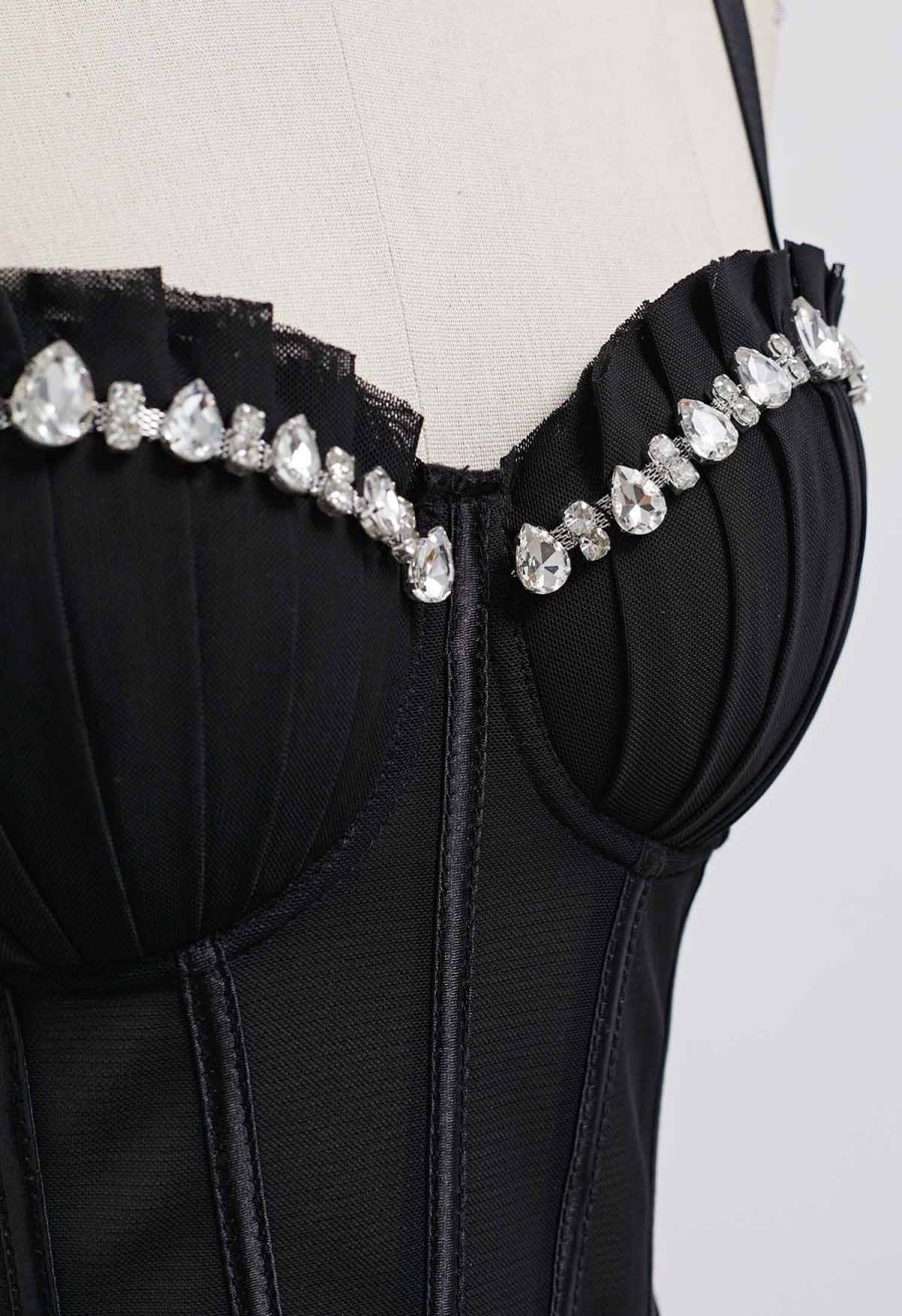 Pear-Shaped Rhinestone Pleated Mesh Bra Top in Black