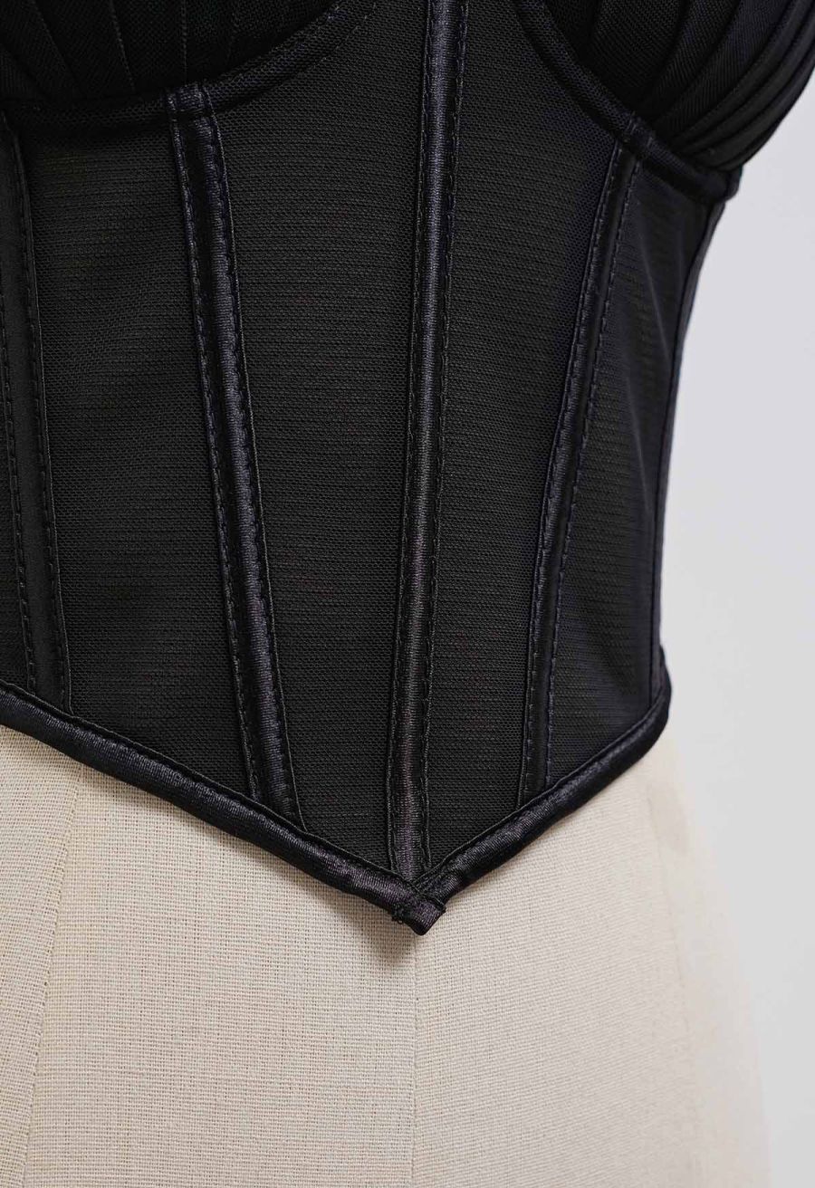 Pear-Shaped Rhinestone Pleated Mesh Bra Top in Black