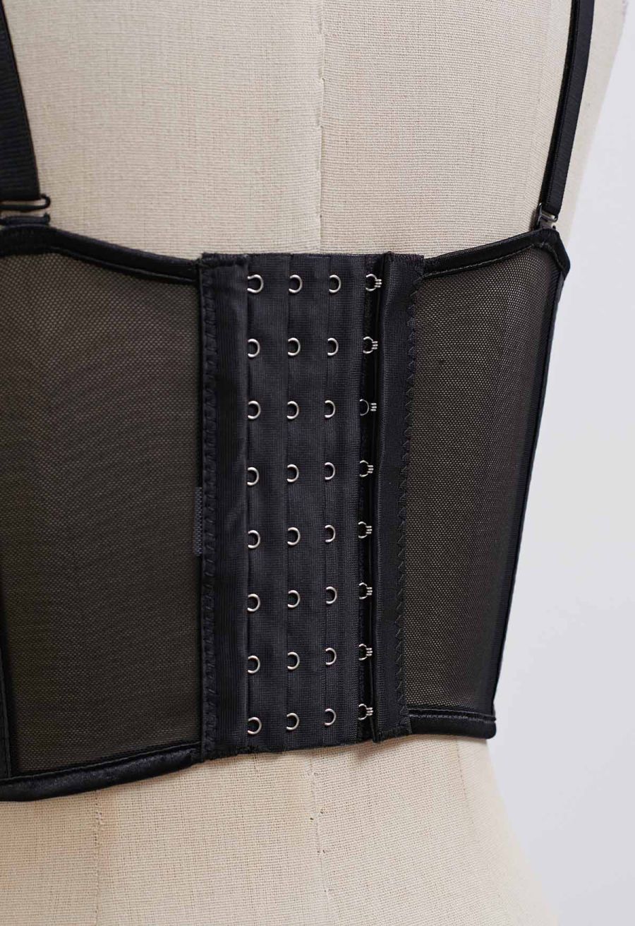 Pear-Shaped Rhinestone Pleated Mesh Bra Top in Black
