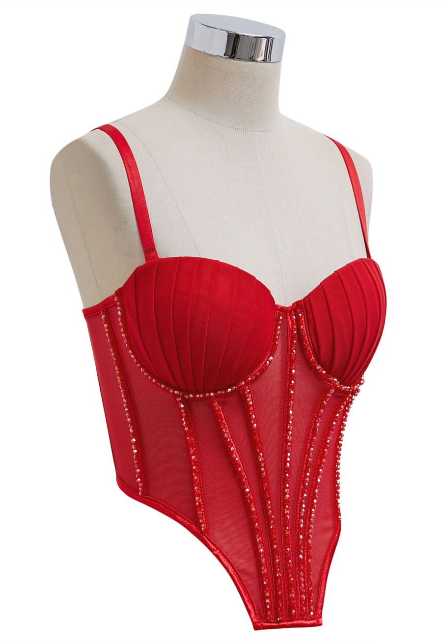 Bead Embellished Pleated Mesh Bustier Top in Red