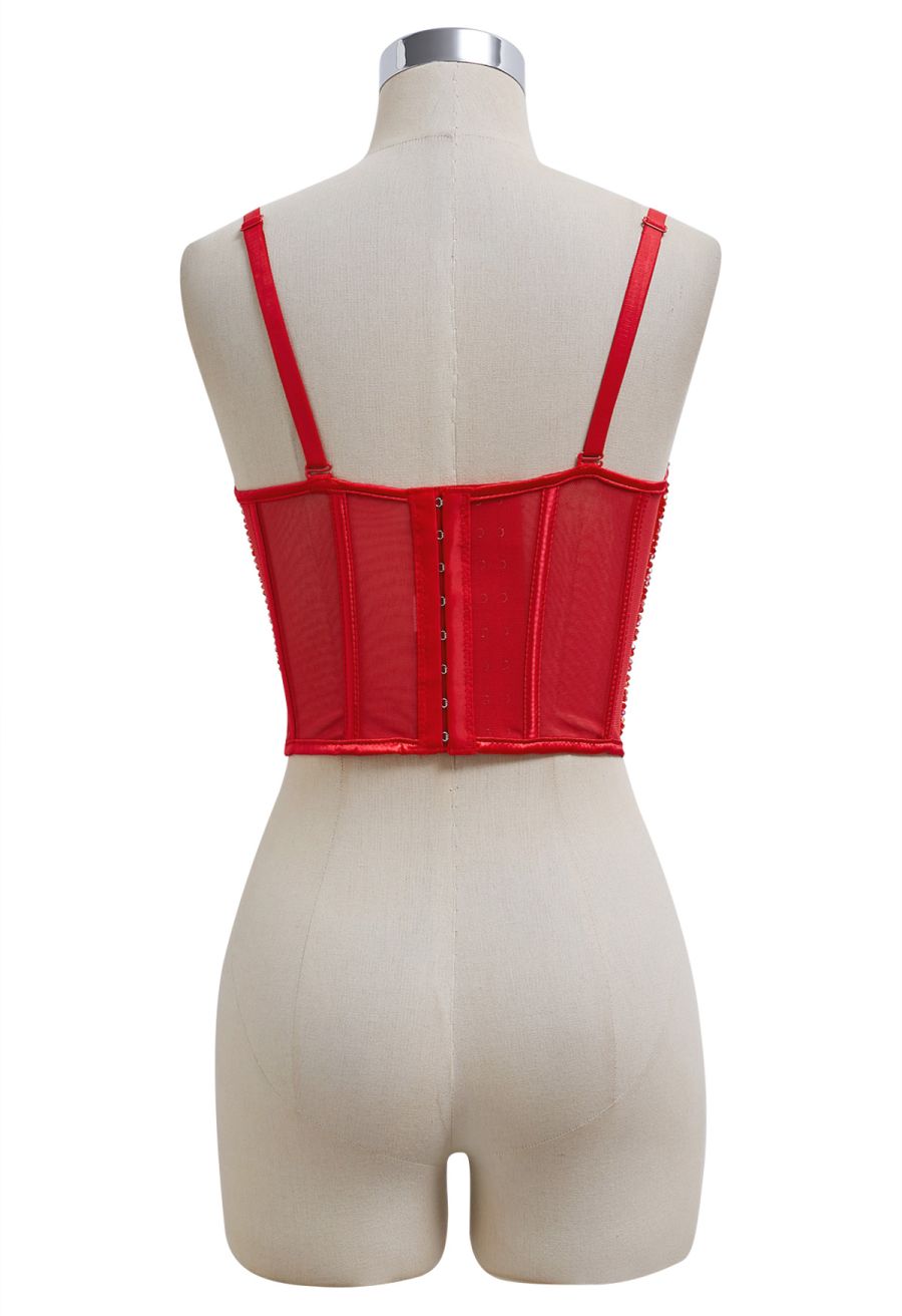 Bead Embellished Pleated Mesh Bustier Top in Red