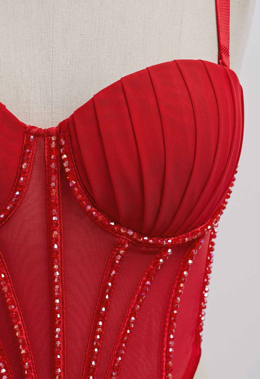 Bead Embellished Pleated Mesh Bustier Top in Red