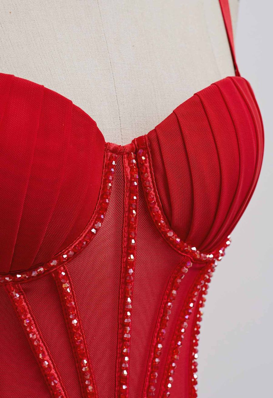 Bead Embellished Pleated Mesh Bustier Top in Red