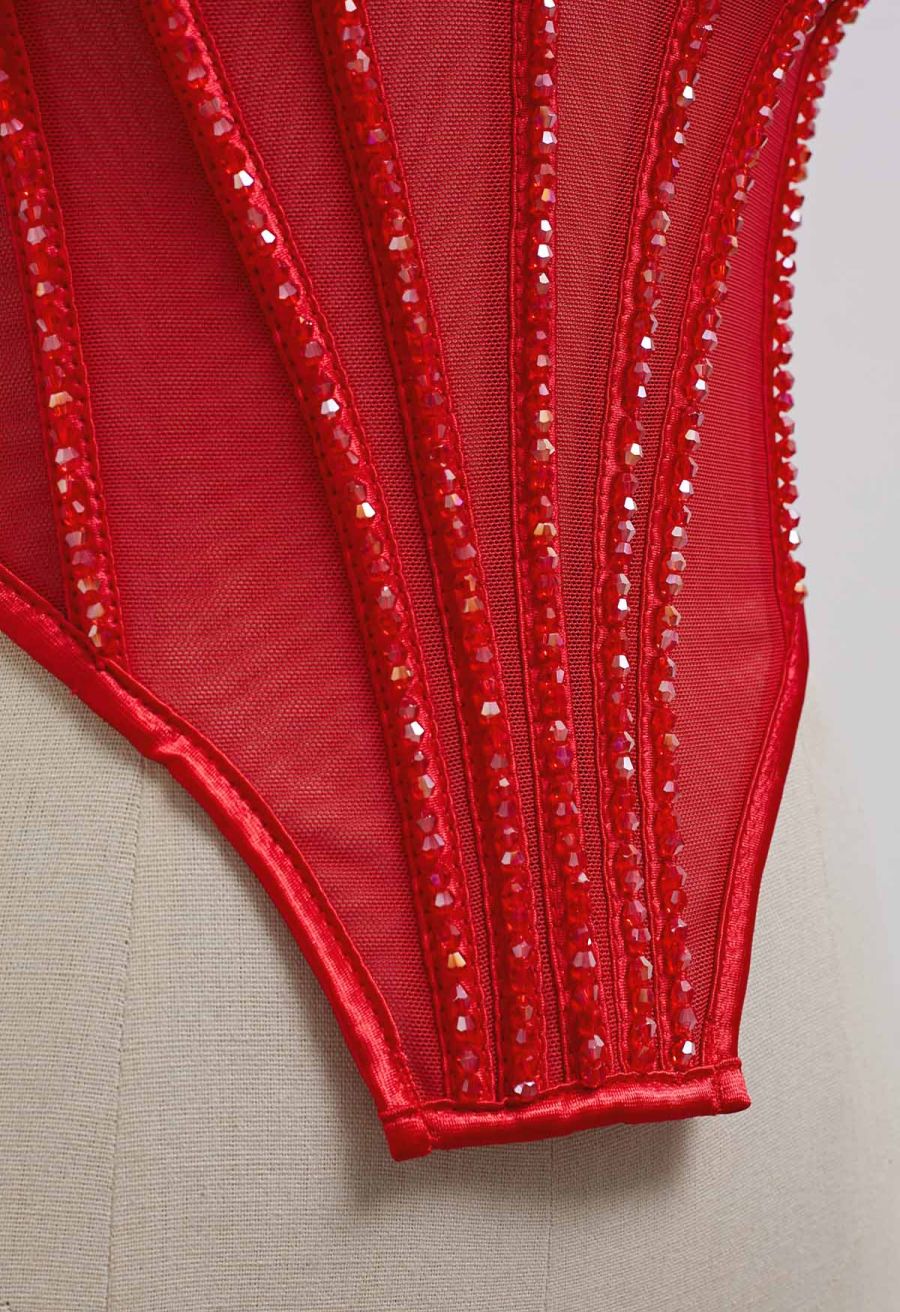 Bead Embellished Pleated Mesh Bustier Top in Red