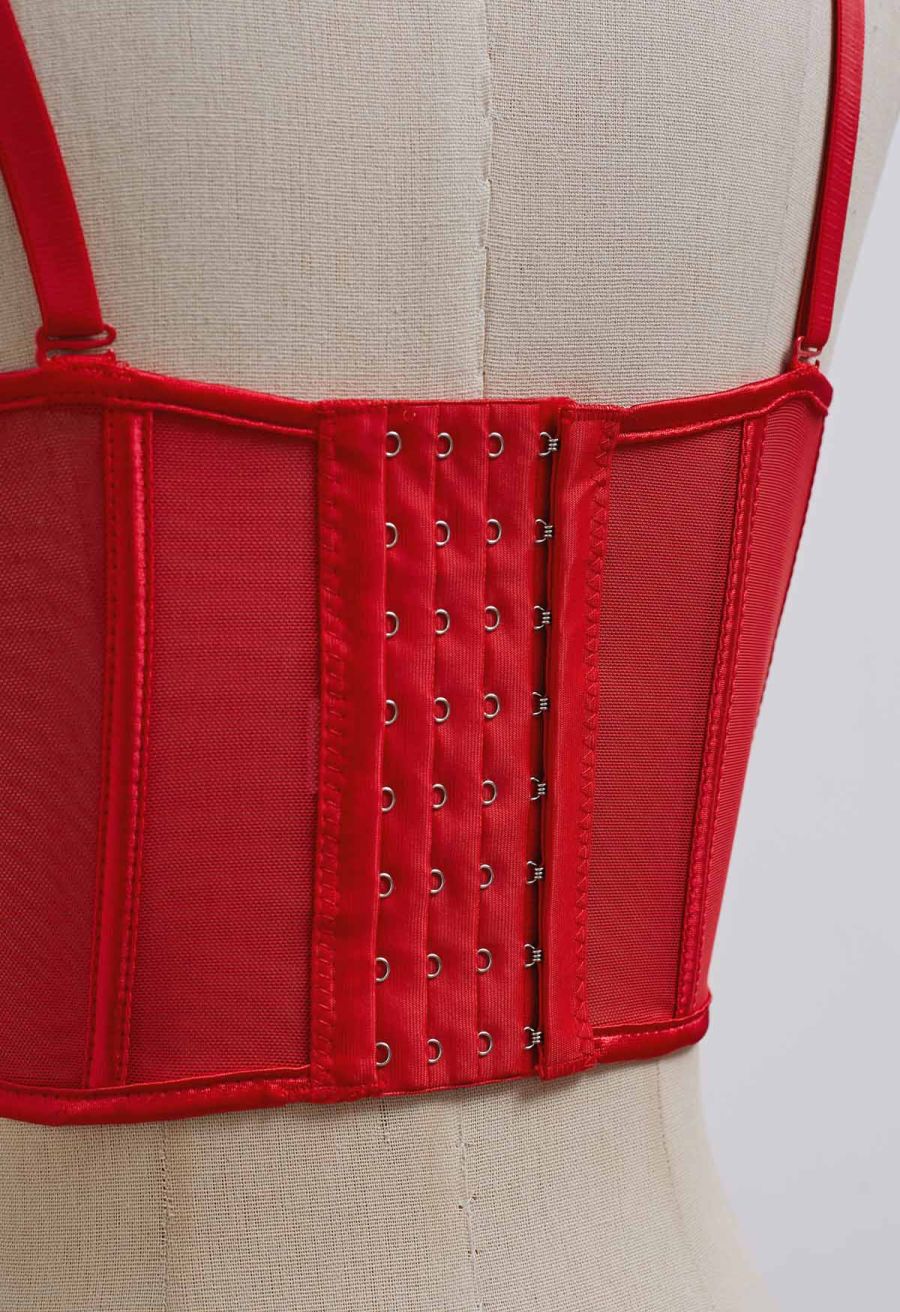 Bead Embellished Pleated Mesh Bustier Top in Red