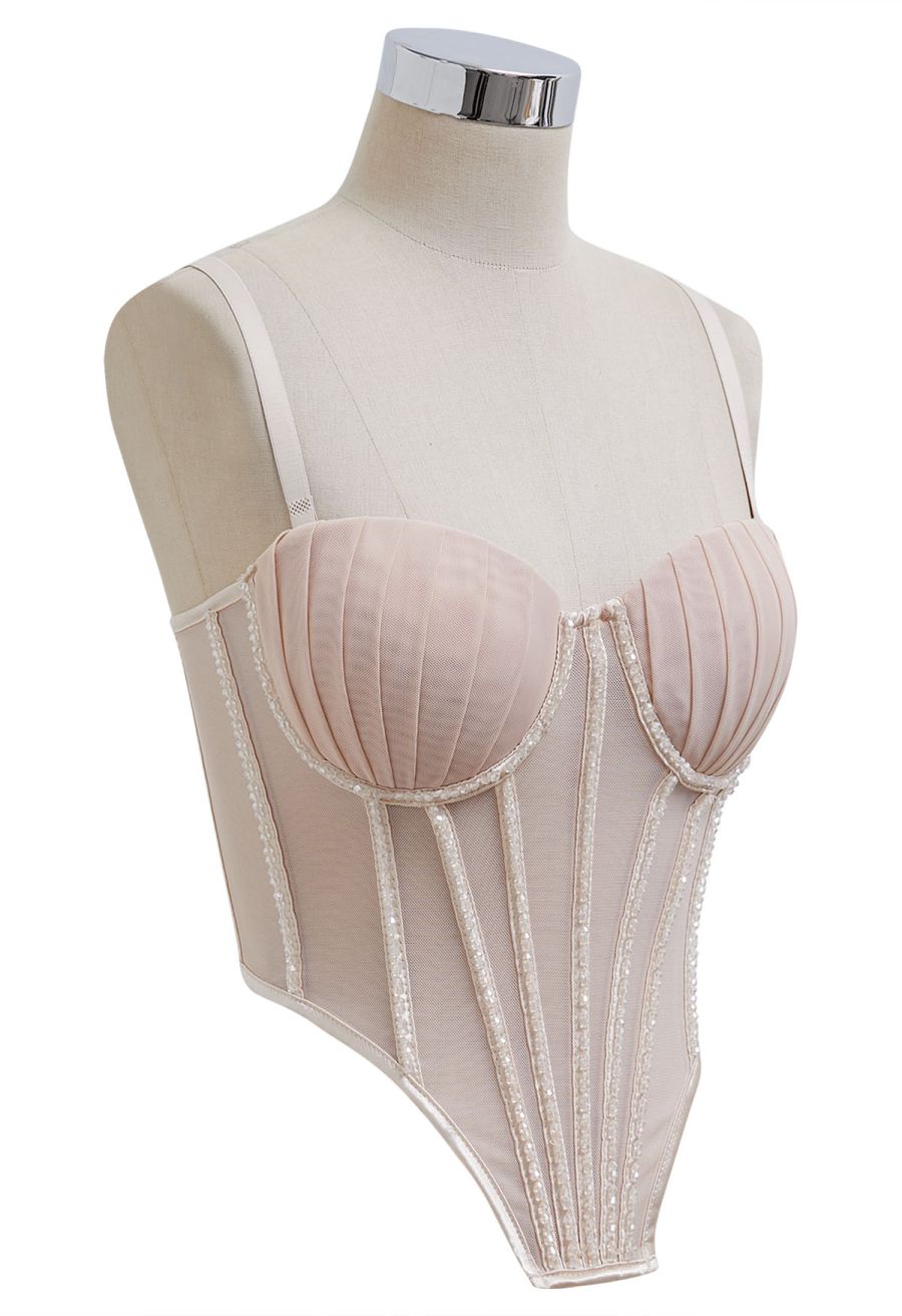 Bead Embellished Pleated Mesh Bustier Top in Nude