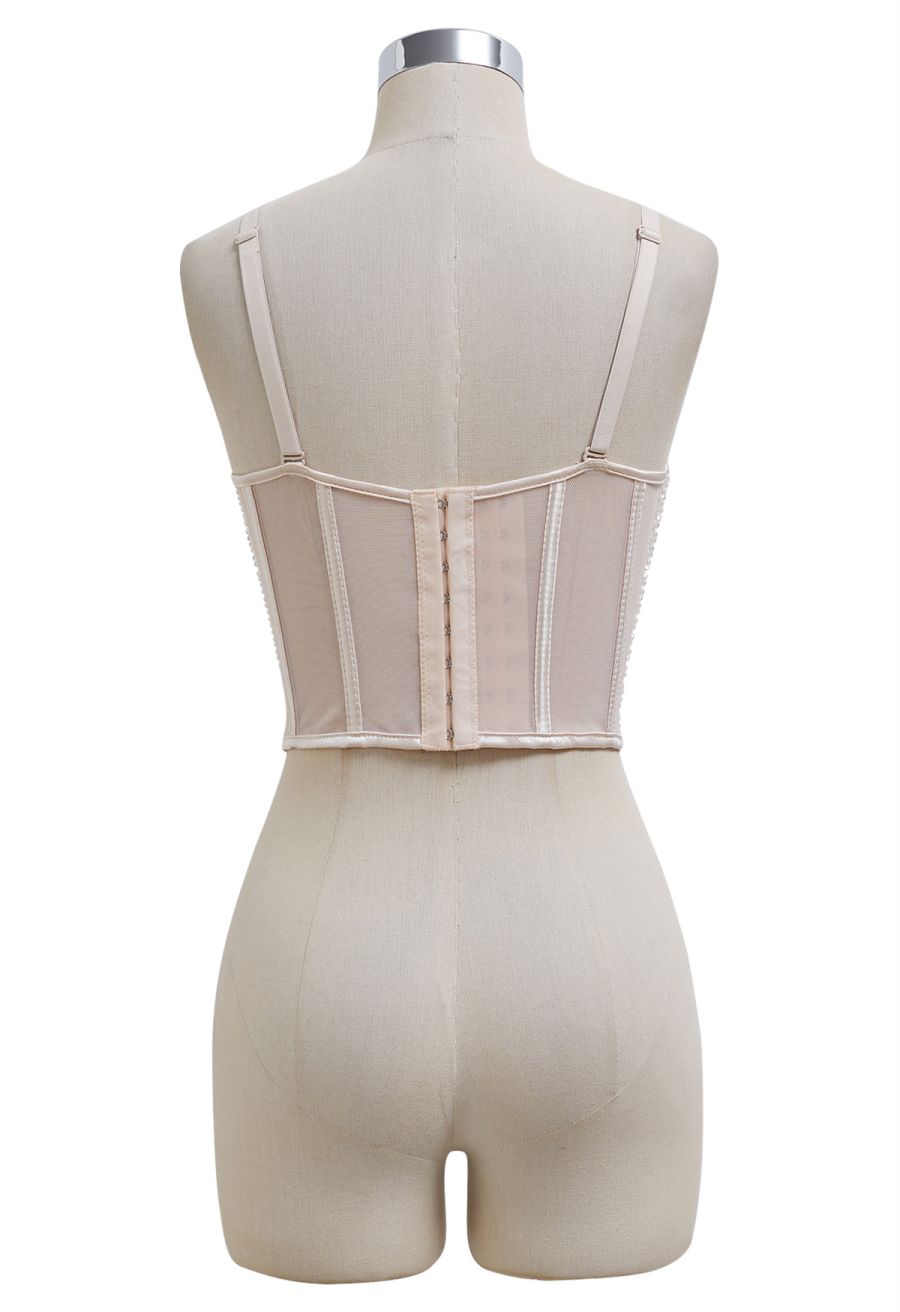 Bead Embellished Pleated Mesh Bustier Top in Nude