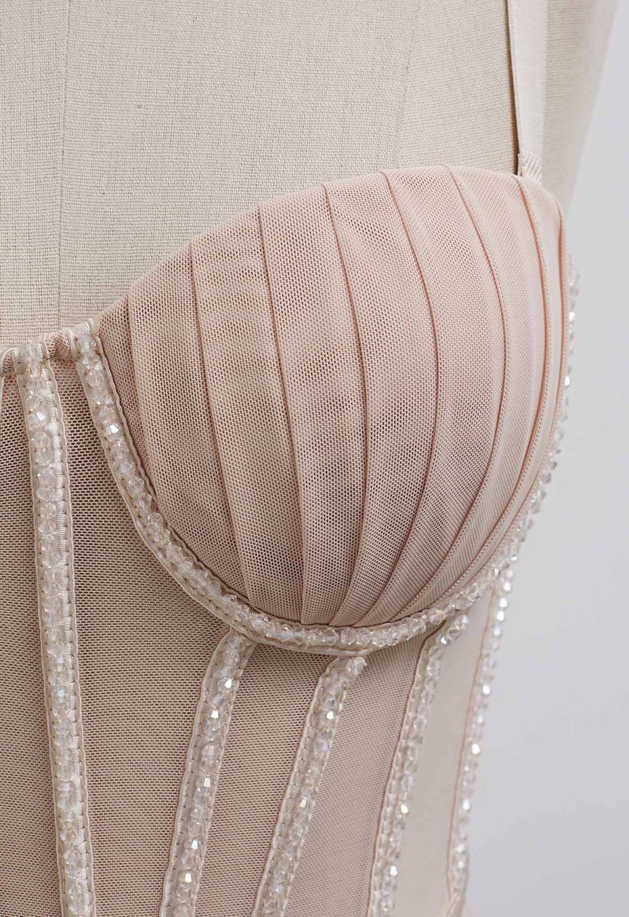 Bead Embellished Pleated Mesh Bustier Top in Nude