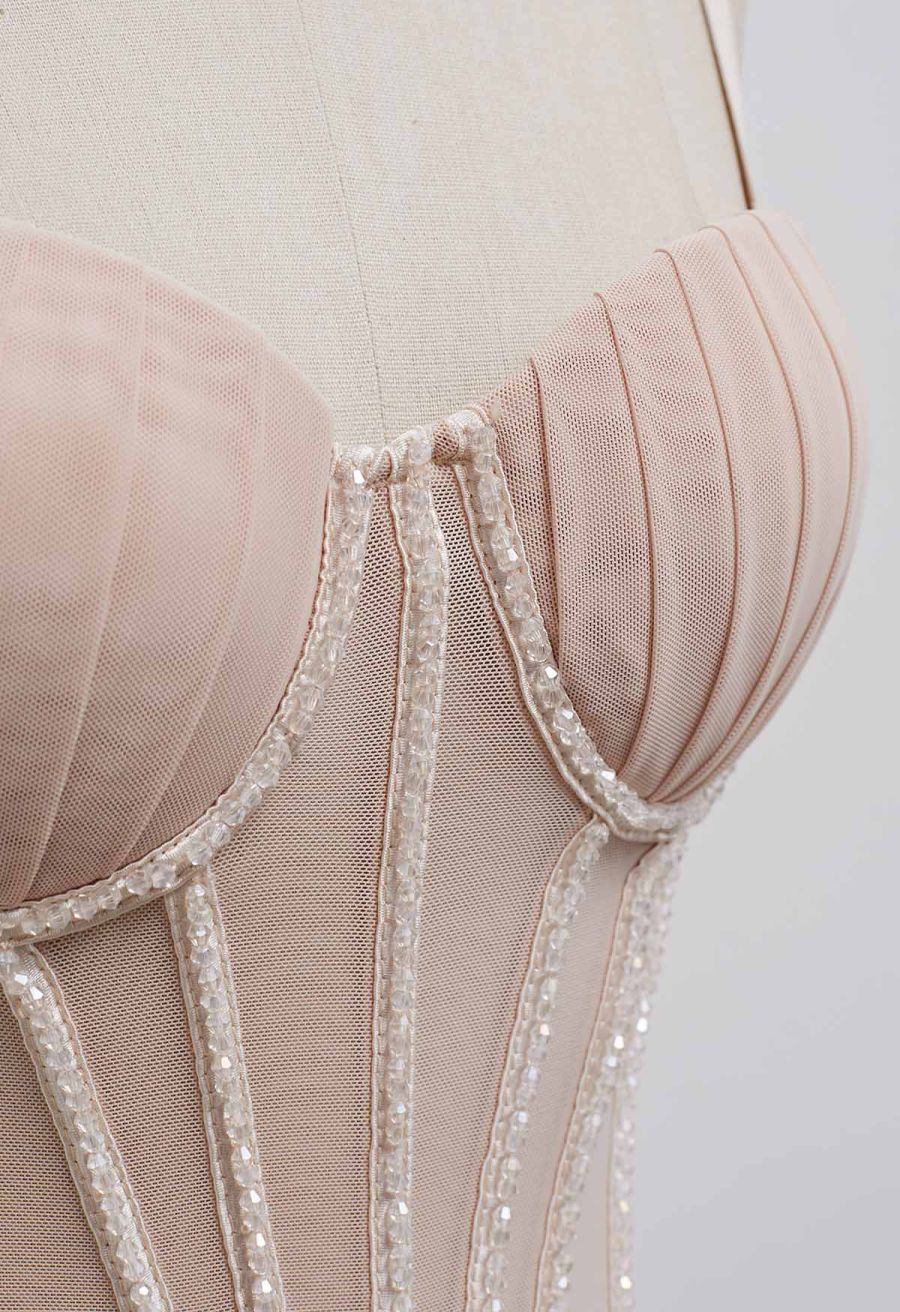 Bead Embellished Pleated Mesh Bustier Top in Nude