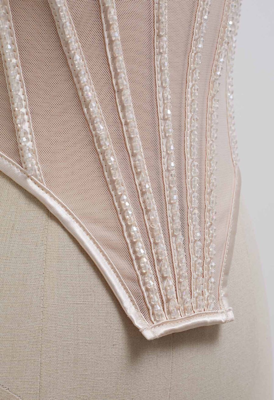 Bead Embellished Pleated Mesh Bustier Top in Nude