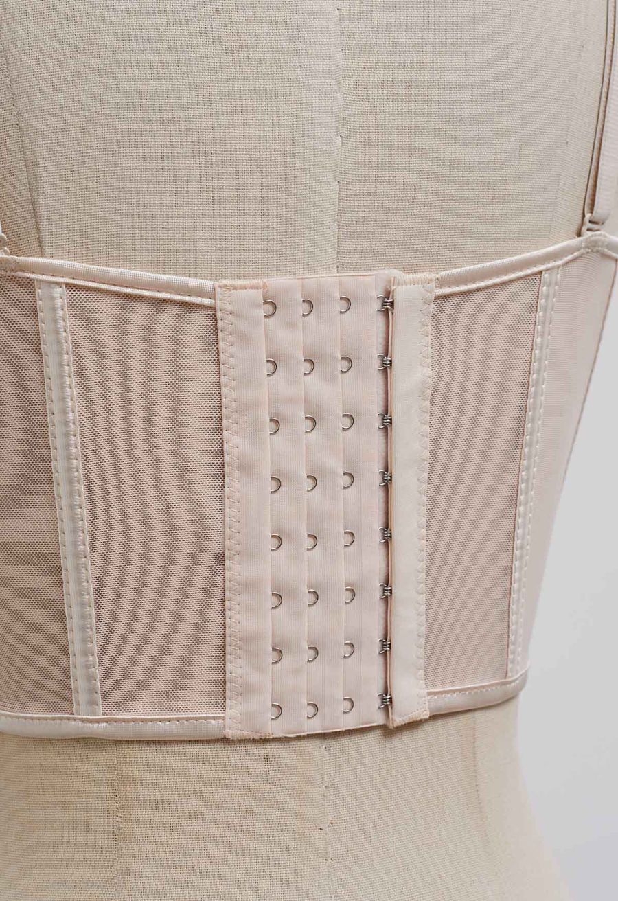 Bead Embellished Pleated Mesh Bustier Top in Nude