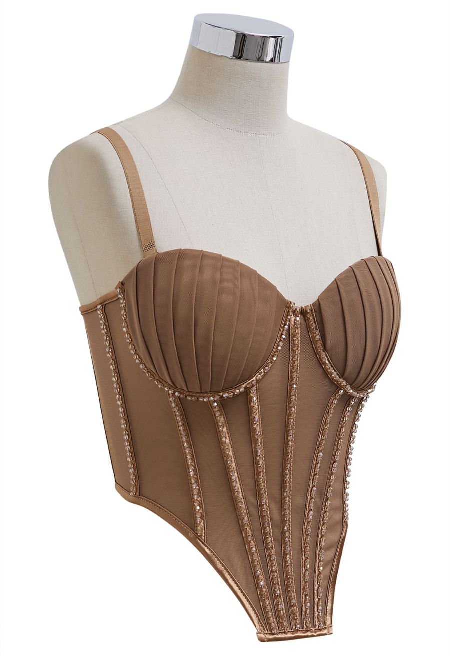 Bead Embellished Pleated Mesh Bustier Top in Brown
