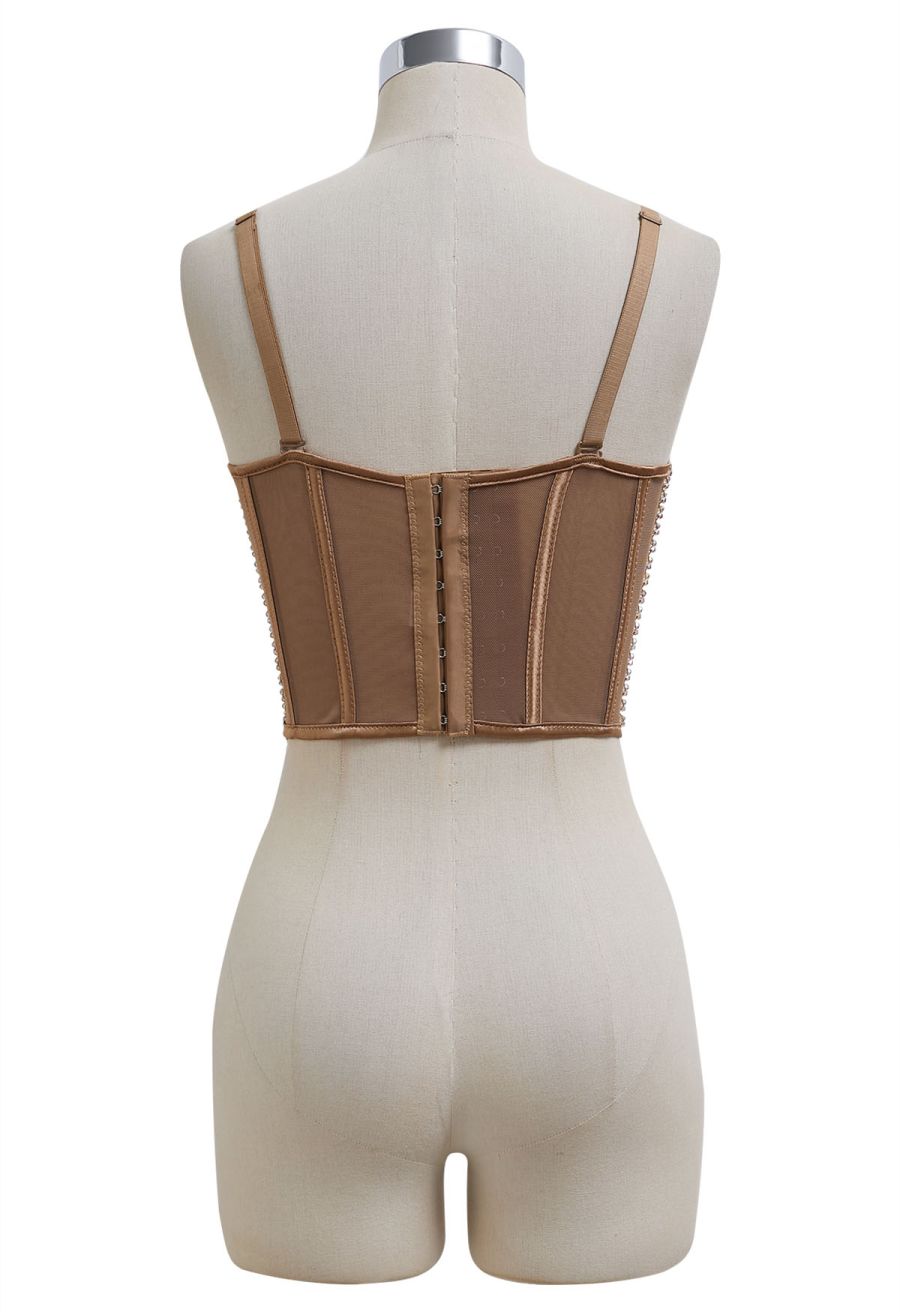 Bead Embellished Pleated Mesh Bustier Top in Brown