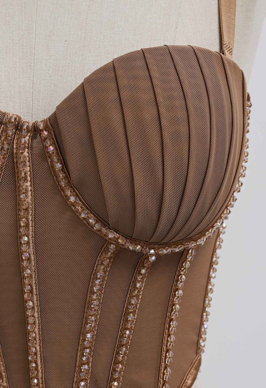 Bead Embellished Pleated Mesh Bustier Top in Brown