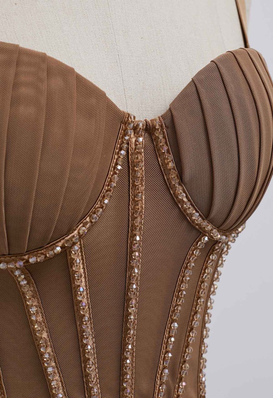 Bead Embellished Pleated Mesh Bustier Top in Brown