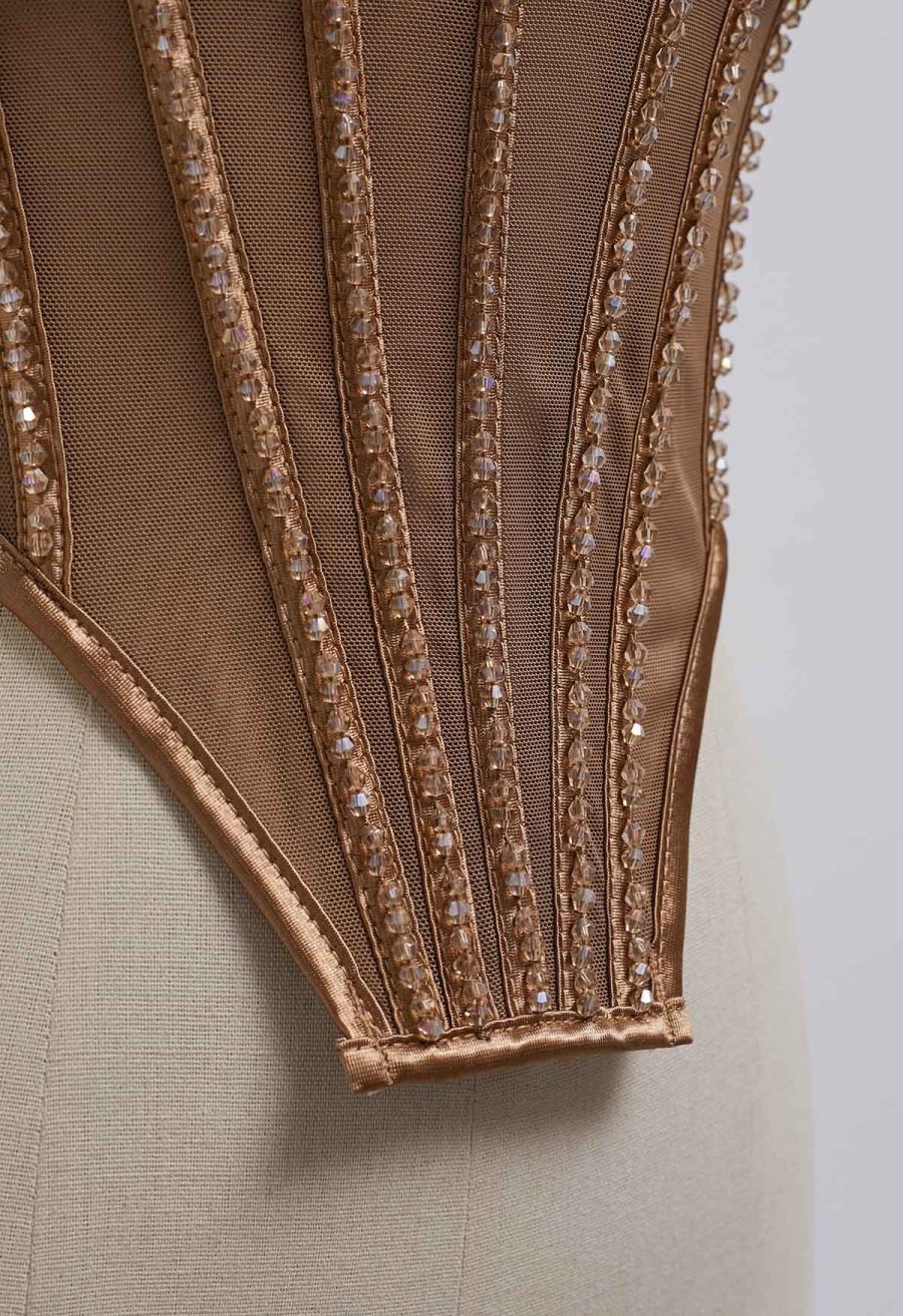 Bead Embellished Pleated Mesh Bustier Top in Brown