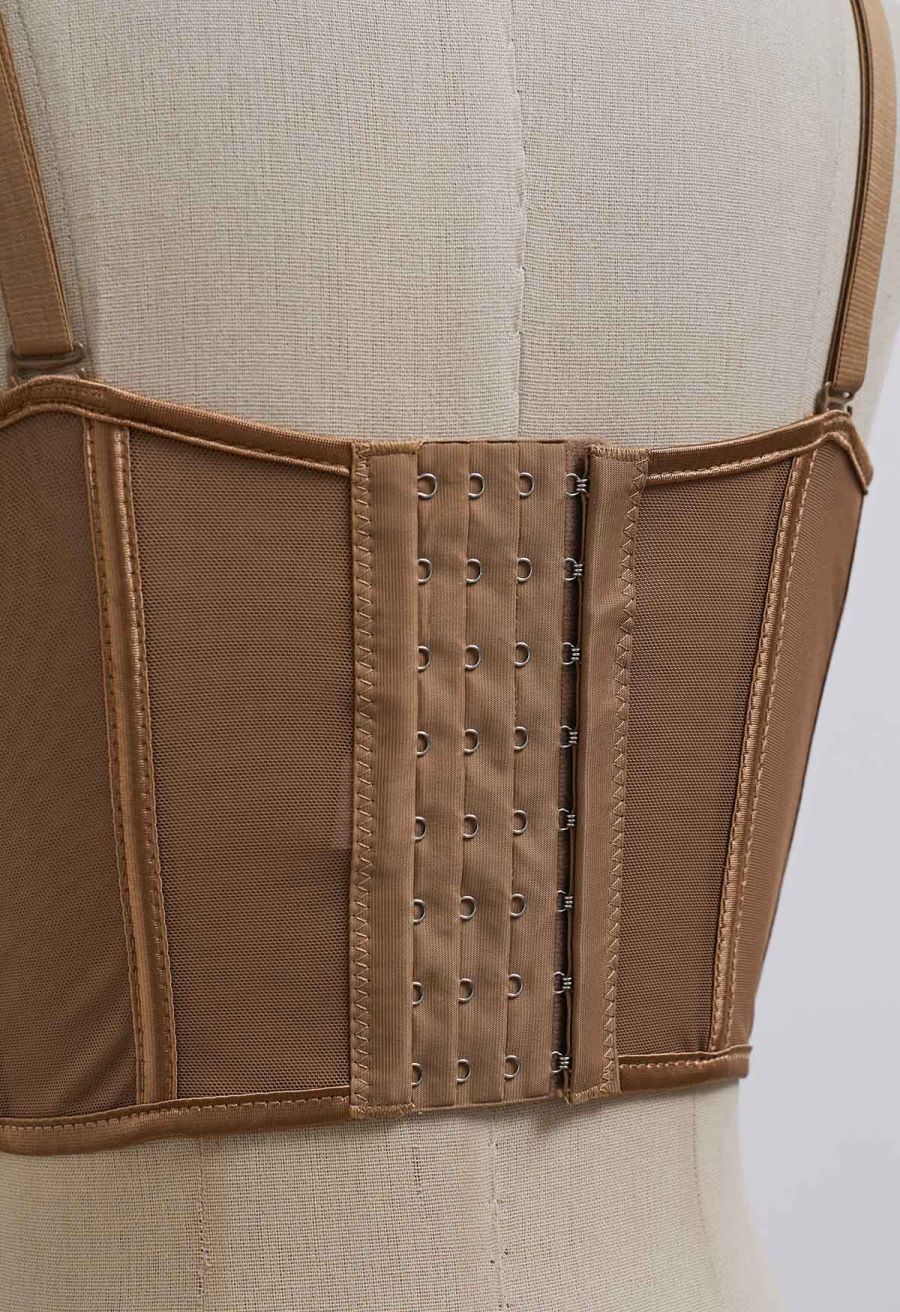 Bead Embellished Pleated Mesh Bustier Top in Brown