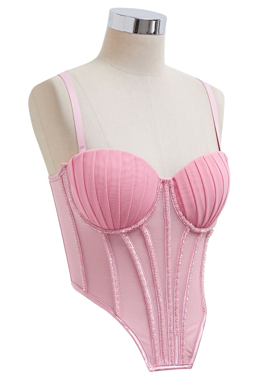 Bead Embellished Pleated Mesh Bustier Top in Pink