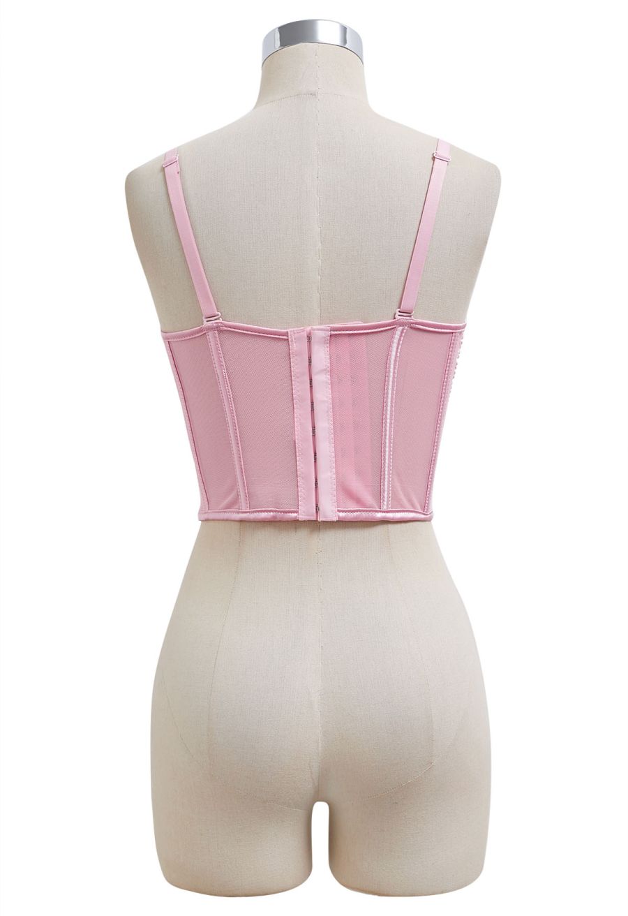 Bead Embellished Pleated Mesh Bustier Top in Pink