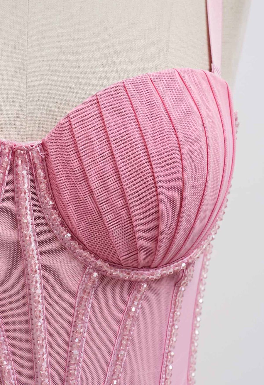 Bead Embellished Pleated Mesh Bustier Top in Pink