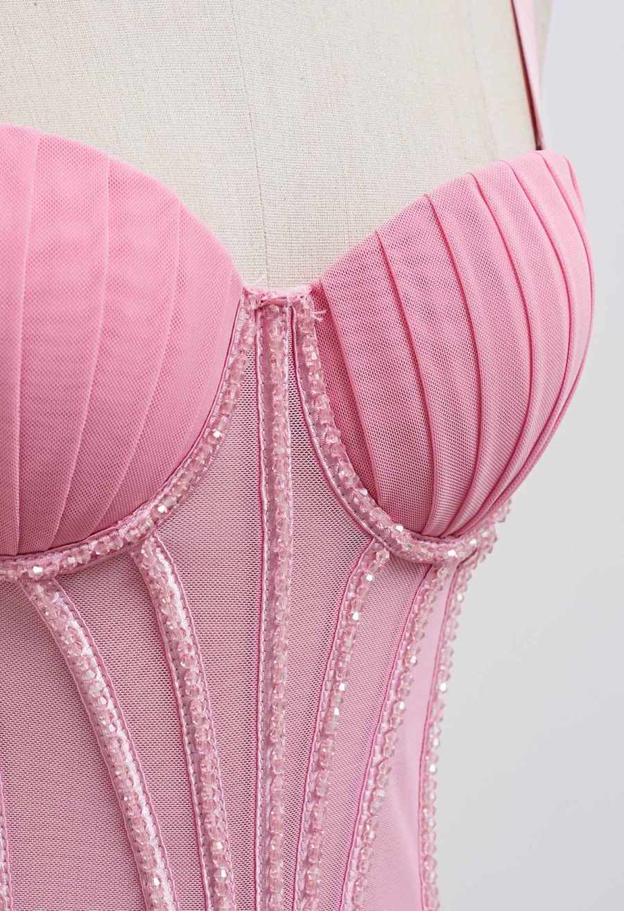 Bead Embellished Pleated Mesh Bustier Top in Pink