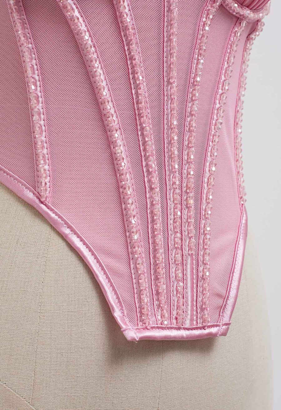Bead Embellished Pleated Mesh Bustier Top in Pink
