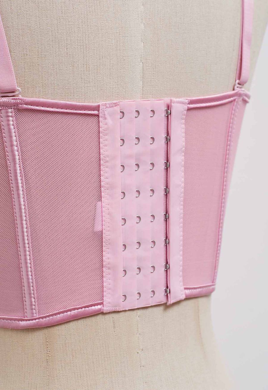 Bead Embellished Pleated Mesh Bustier Top in Pink