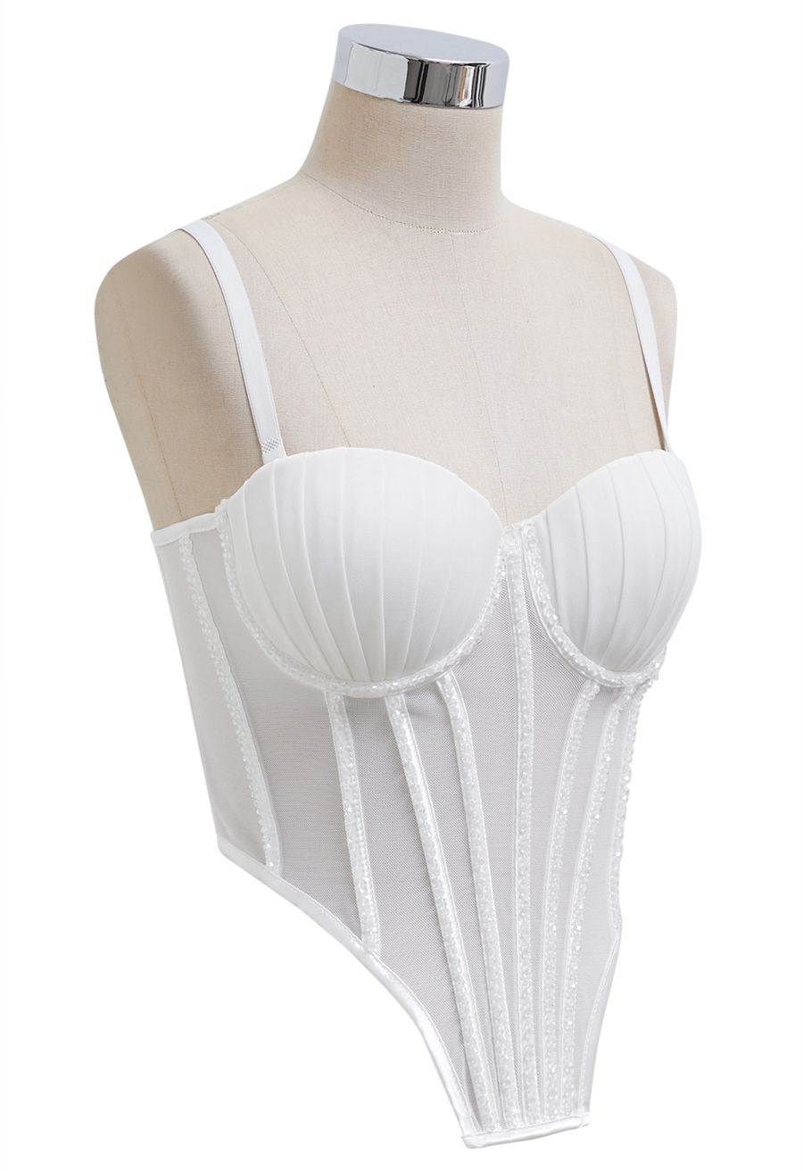 Bead Embellished Pleated Mesh Bustier Top in White