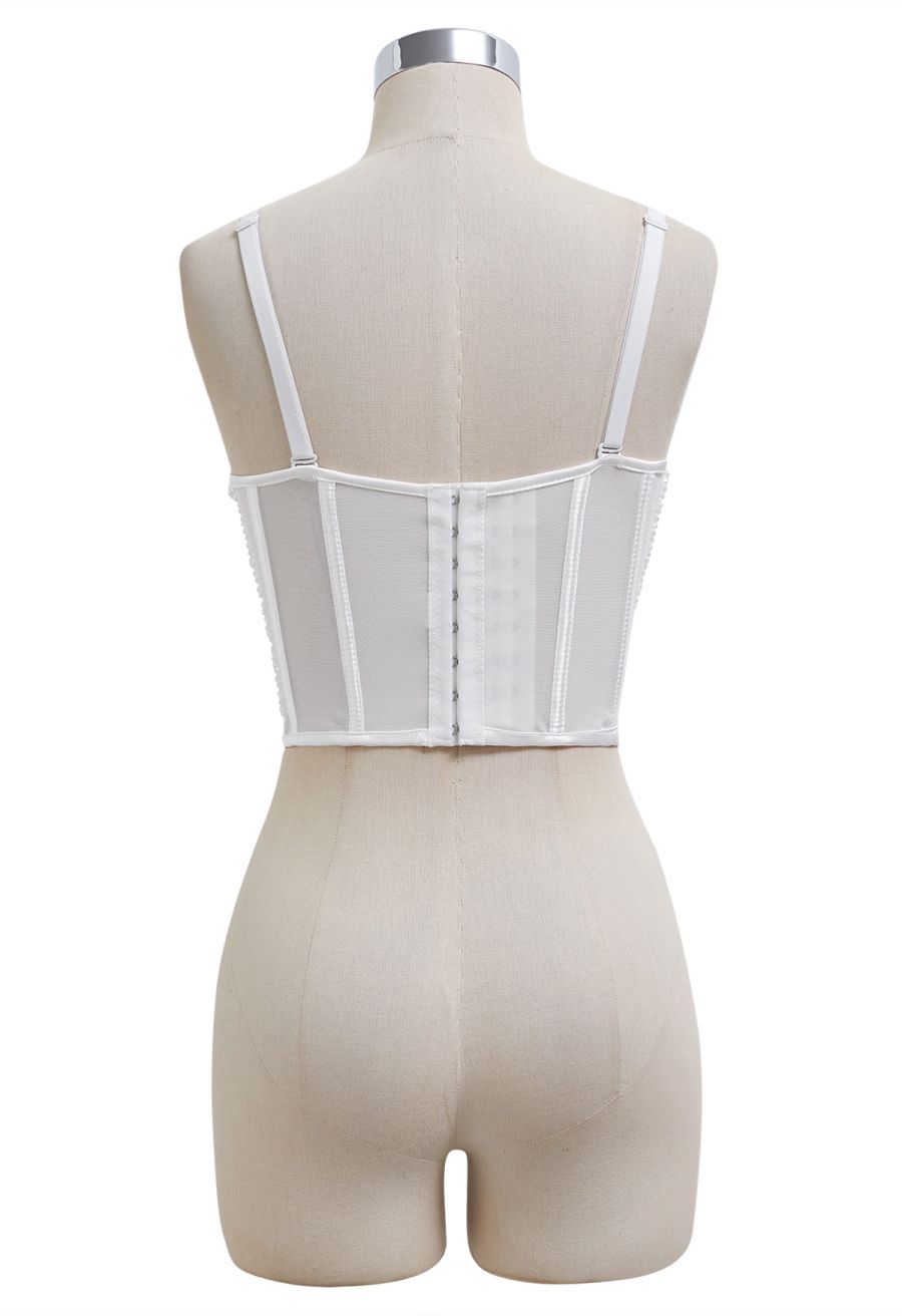 Bead Embellished Pleated Mesh Bustier Top in White