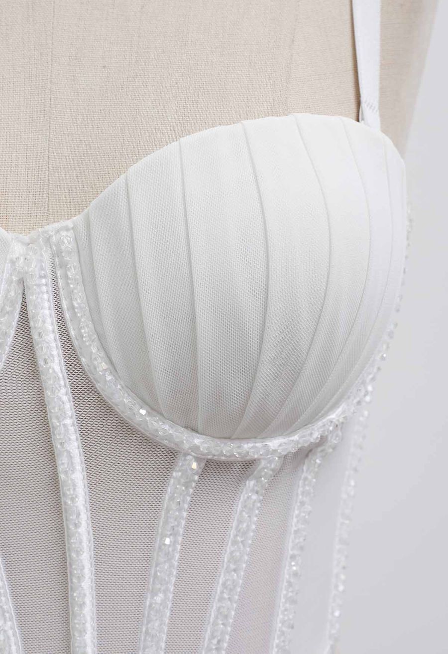 Bead Embellished Pleated Mesh Bustier Top in White